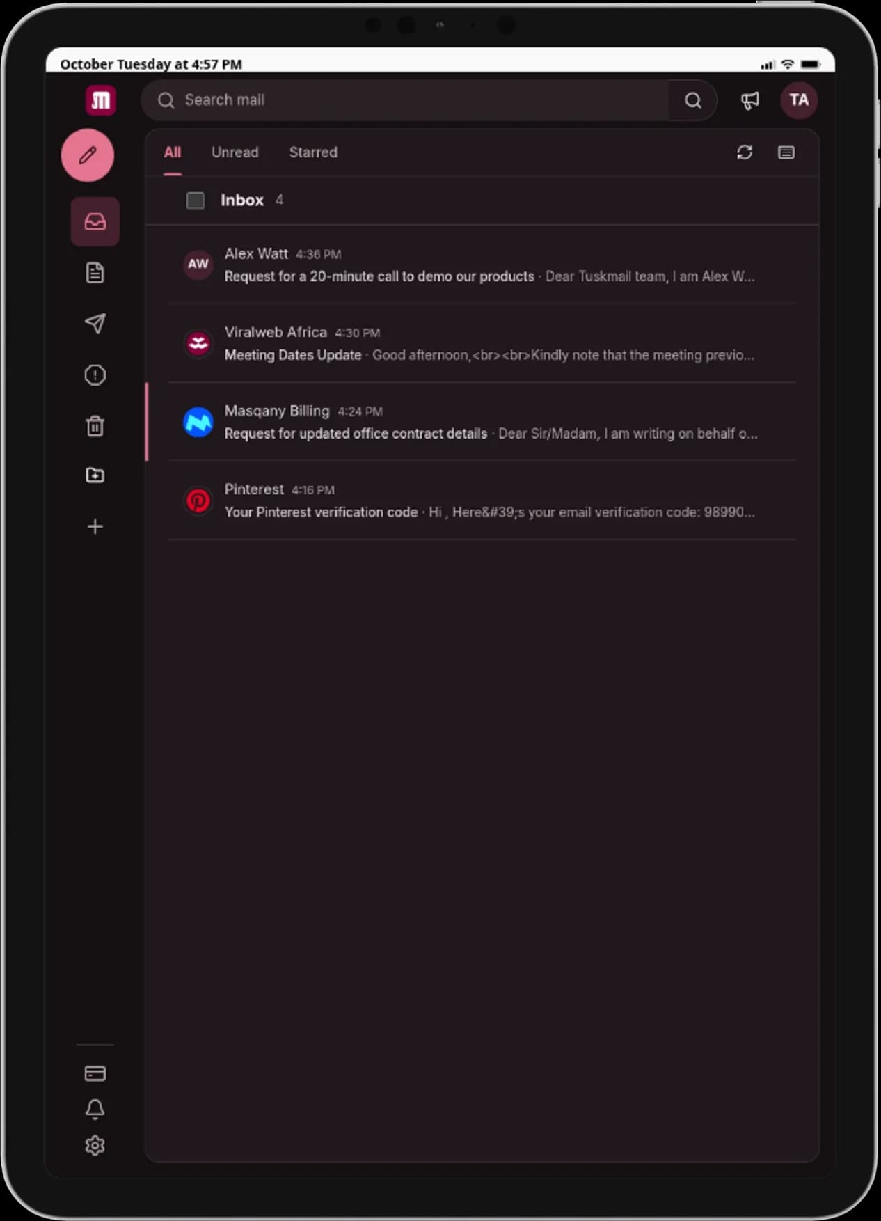 TuskMail inbox on a tablet